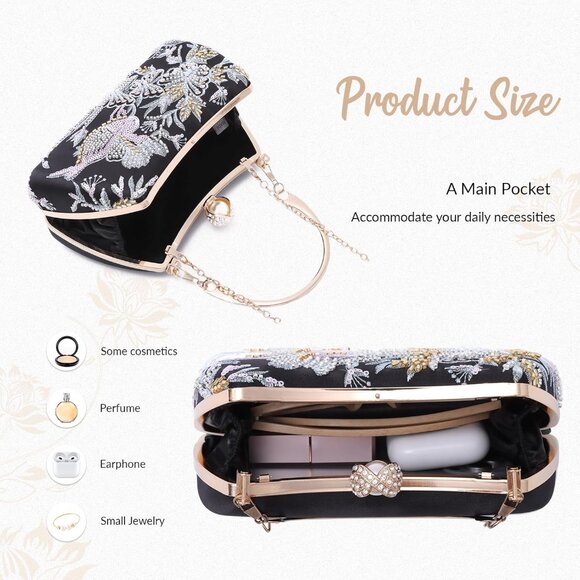 ⚡ Women's Floral Sequin Black Embroidery Evening Beaded Clutch Handbag - Picture 5 of 7